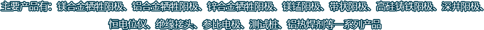 主要產品有：鎂合金犧牲陽極、鋁合金犧牲陽極、鋅合金犧牲陽極、鎂錳陽極、帶狀陽極、高硅鑄鐵陽極、深井陽極、恒電位儀、絕緣接頭、參比電極、測試樁、鋁熱焊劑等一系列產品